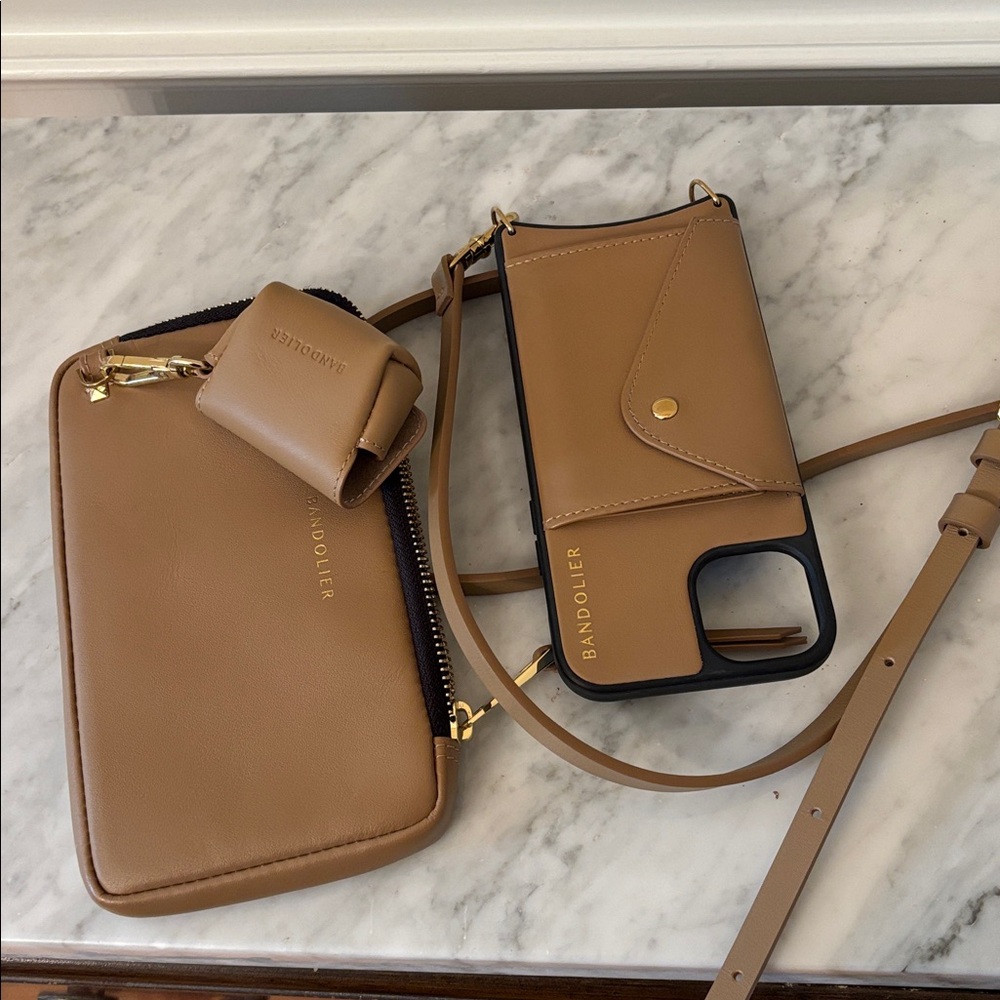 Bandolier Donna Beige Leather iPhone 15 plus Phone Case and Accessories Set